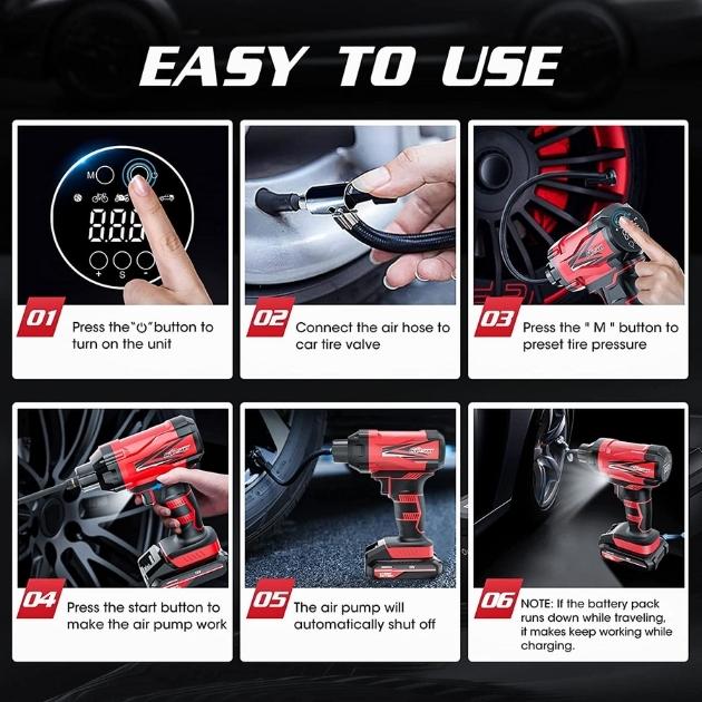 Carsun Φορητή Τρόμπα Αέρος με Ψηφιακή Οθόνη και Φακό LED - Για Αυτοκίνητο - Μηχανή - Μπάλες - 12V - Κόκκινο Χρώμα