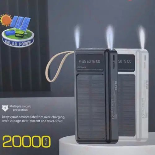 Ηλιακό PowerBank KLGO - Φορητή Μπαταρία Φορτιστής20000 mAh Ηλιακό Πάνελ - Solar Power bank Μαύρο