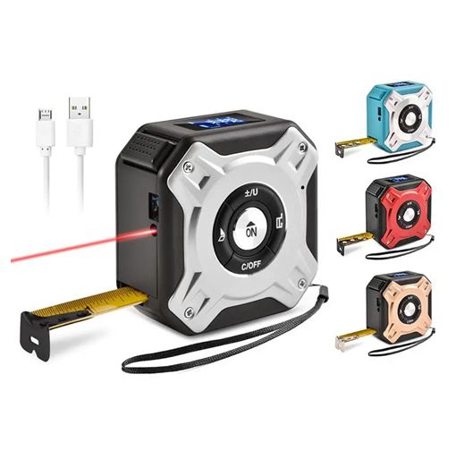 Επαναφορτιζόμενο Mέτρο με USB και Λέιζερ 2 σε 1 Aσημί