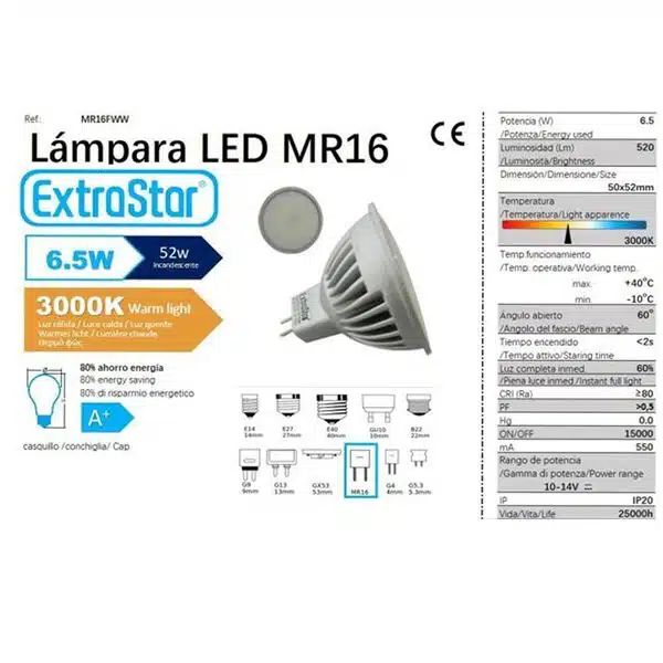 Λάμπα LED για Ντουί Λαμπτήρας Οικονομίας Extrastar MR16 12V 6.5W 520LM Θερμό Λευκό 3000K 