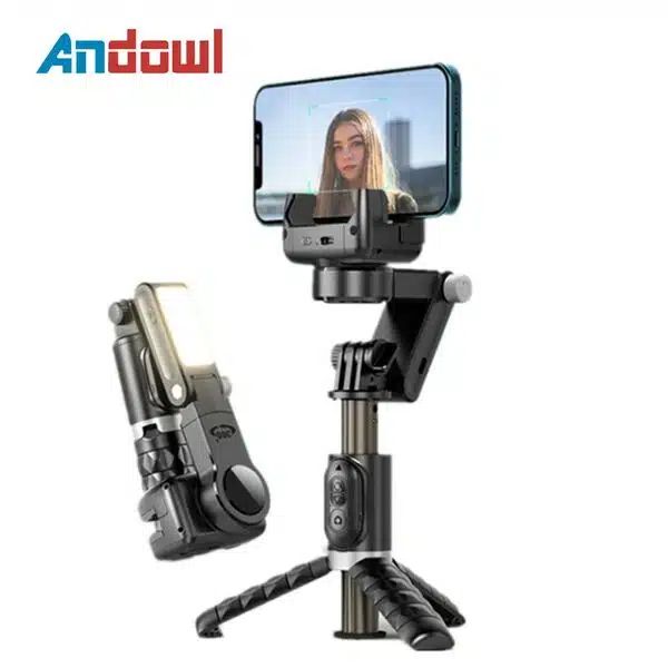 Πτυσσόμενος Σταθεροποιητής Κινητού - Gimbal - Τρίποδο - Selfie Stick με Ενσωματωμένο & Αποσπώμενο Bluetooth Χειριστήριο και 3 Επιλογές Φωτισμού Andowl Μαύρο