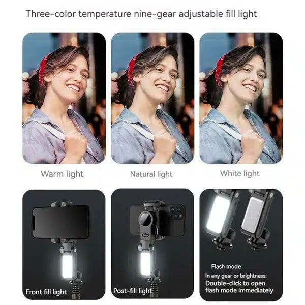 Πτυσσόμενος Σταθεροποιητής Κινητού - Gimbal - Τρίποδο - Selfie Stick με Ενσωματωμένο & Αποσπώμενο Bluetooth Χειριστήριο και 3 Επιλογές Φωτισμού Andowl Μαύρο