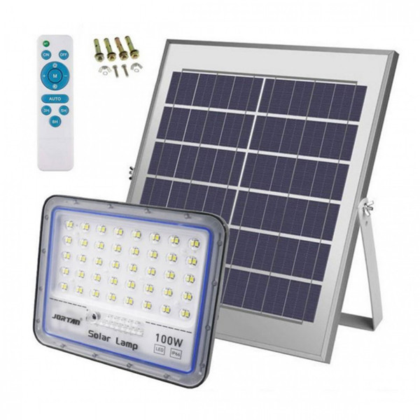 Led Αδιάβροχος Ηλιακός Προβολέας 100W 6400LM με Πάνελ και Τηλεχειριστήριο Jortan-Ψυχρό Λευκό Φως