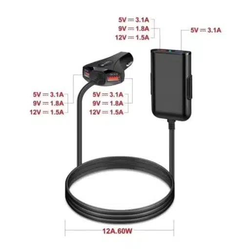 Φορτιστής Αυτοκινήτου 12A Power με 4 Θύρες USB για Γρήγορη Φόρτιση και Επέκταση QC3.0 -ARRANGO