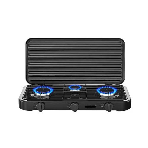 Επιτραπέζια Τριπλή Εστία Υγραερίου Hoomei με 2×2.2KW και Καπάκι Προστασίας