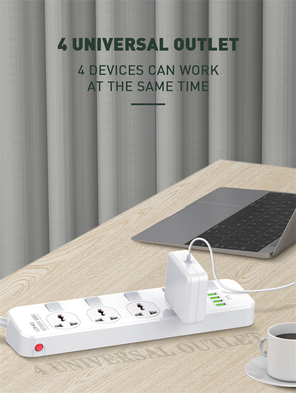 Πολύπριζο Ασφαλείας 4 Universal Θέσεων με 4 USB & Διακόπτες 2m - LDNIO