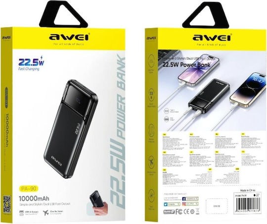 Awei Power Bank 10000mAh – Γρήγορη Φόρτιση 22.5W με Ψηφιακή Οθόνη LED, Dual USB, Φορητό