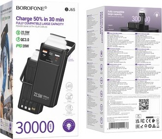 Power Bank 30000mAh Borofone – Ενσωματωμένα Καλώδια, Fast Charge 22.5W και PD 20W