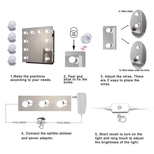 Εντυπωσιακός Led Αυτοκόλλητος Φωτισμός Τύπου Hollywood Για Καθρέπτη Μακιγιάζ Τουαλέτας με Ρυθμιζόμενο Φωτισμό