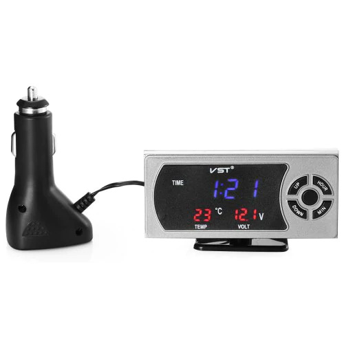 Ψηφιακό Ρολόι - Βολτόμετρο - Θερμόμετρο Αυτοκινήτου με 2 x USB Φορτιστή, Οθόνη LCD 3 σε 1 & Βάση - Για φορτηγά & Αυτοκίνητα 12V / 24V