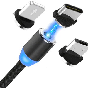 Μαγνητικό Καλώδιο Γρήγορης Φόρτισης 360° USB-A 3 σε 1 Lightning - USB-C - MicroUSB με Καλώδιο που δεν Μπλέκεται 1m & LED Ένδειξη Φόρτισης