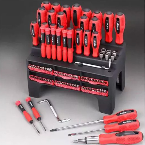 Σετ 100 Μαγνητικών Κατσαβιδιών από Ανοξείδωτο Χάλυβα με Ραφιέρα - Βάση