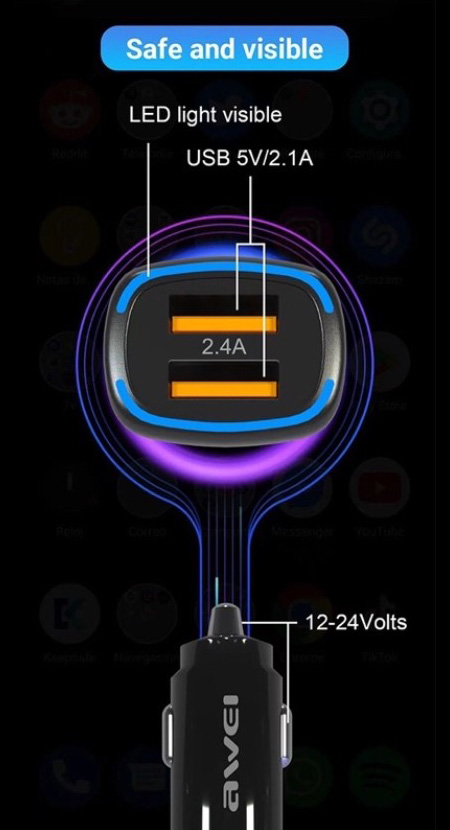 Έξυπνος Ταχύ Φορτιστής Αυτοκινήτου Γρήγορης Φόρτισης 2.4Α Awei με 2x USB Θύρες & Φωτισμό LED για τον Αναπτήρα