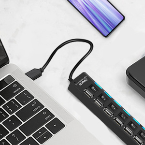 TREQA Αντάπτορας - USB HUB Γρήγορης Φόρτισης & Μεταφοράς Δεδομένων έως 5Gbps με 7 Θύρες USB 3.0 LED Φωτισμό Λειτουργίας & Διακόπτες On/ Off