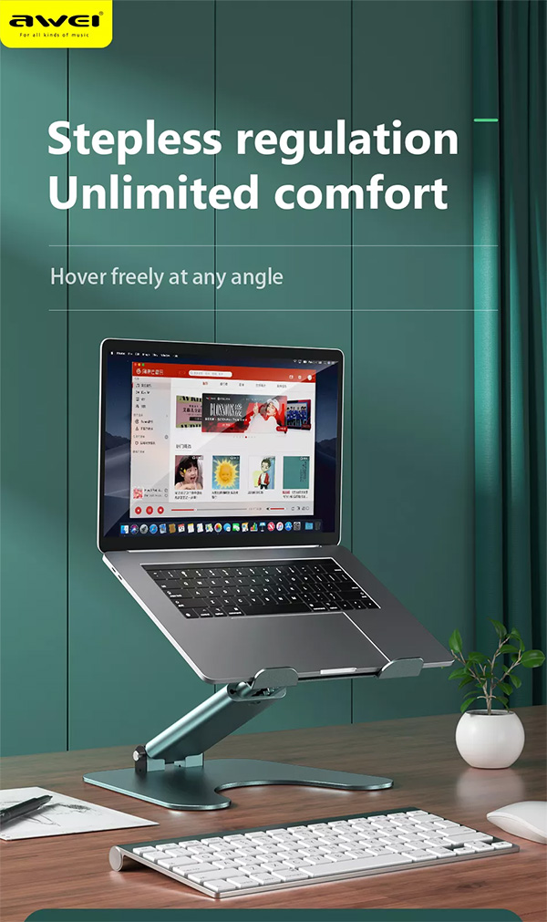 AWEI® Πτυσσόμενη Αναδιπλούμενη Αντιολισθητική Βάση Αλουμινίου για Λάπτοπ & Τάμπλετ με Διπλή Ρυθμιζόμενη Κλίση
