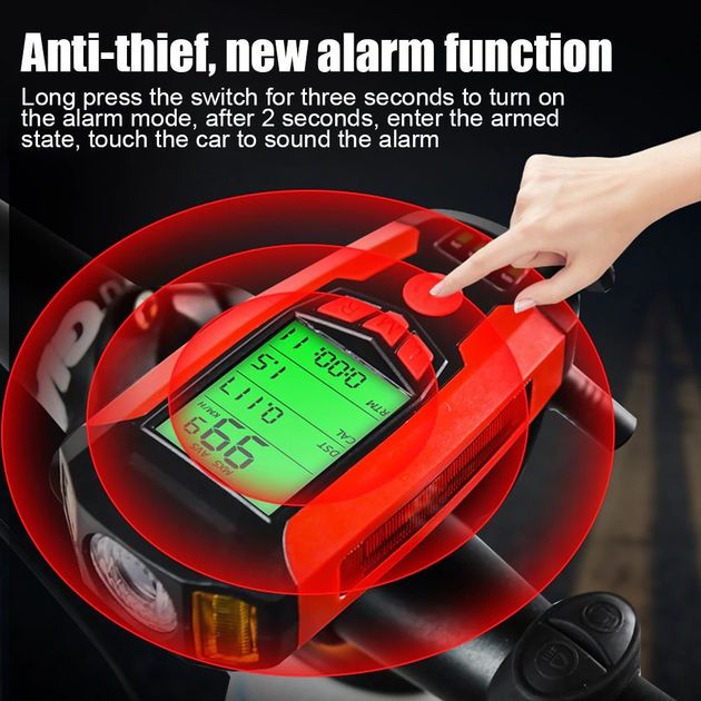 4 σε 1 Ταχύμετρο, Φακός LED 300Lm, Αποσπώμενη Κόρνα Ποδηλάτου & Συναγερμός 130dB με Οθόνη LCD, Αδιάβροχο με 5 Ρυθμίσεις Φωτισμού, Fog Lights - Μπλε OEM