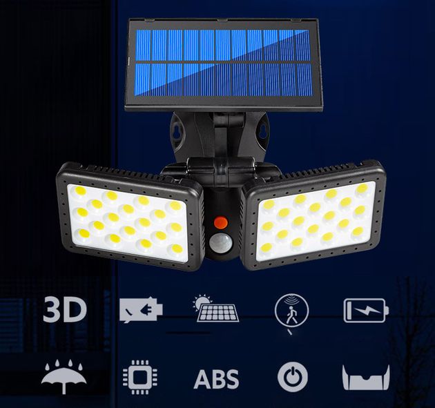 Αδιάβροχος Διπλός Ηλιακός Προβολέας 36 LED Εξωτερικού Χώρου με Περιστρεφόμενους Βραχίονες, 3 Έξυπνες Λειτουργίες Φωτισμού, Αισθητήρα Κίνησης & Φωτός