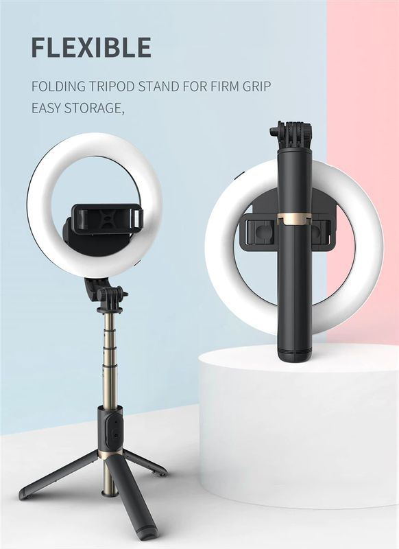 Φωτιστικό Δαχτυλίδι LED Ring Light & Bluetooth Selfie Stick 2 σε 1 με Ρυθμιζόμενη Θερμοκρασία & Ένταση Φωτός, Πτυσσόμενο Τρίποδο Στήριξης & Αποσπώμενο Bluetooth Τηλεχειριστήριο