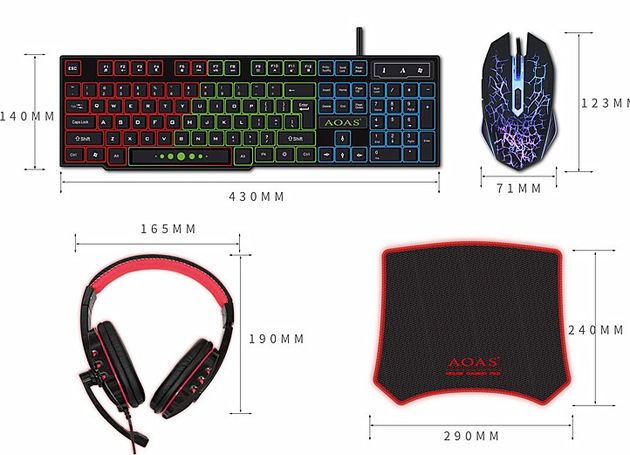 Πλήρες Gaming Set 4 Τεμαχίων RGB με Πληκτρολόγιο Keyboard, Ποντίκι Gaming Mouse, Ακουστικά Wired Headset & Mouse Pad της AOAS