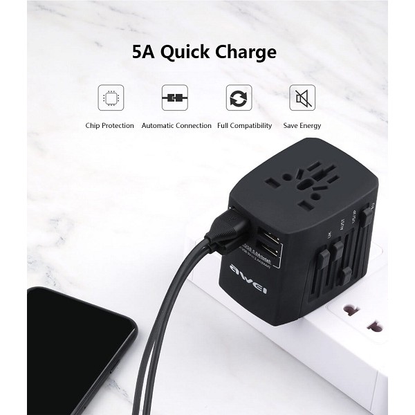 Ταξιδιωτικός Αντάπτορας Πρίζας με 4 USB - AWEI Universal Travel Adaptor