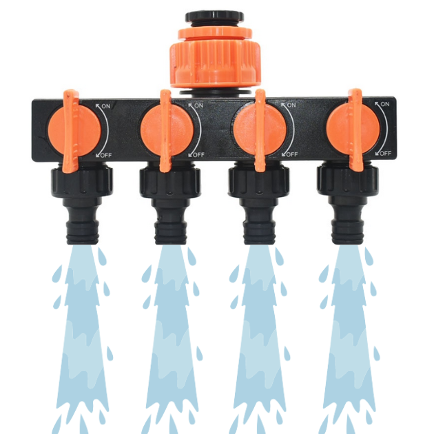 Τετραπλός Διανομέας για Λάστιχο Ποτίσματος 1/2'' - 3/4'' - Προσαρμογέας Βρύσης 4 σε 1 - Διακόπτες ON / OFF - 18cm