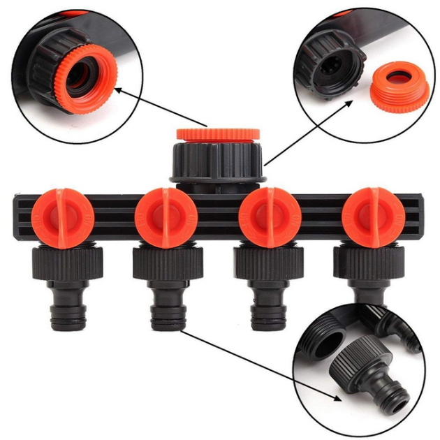 Τετραπλός Διανομέας για Λάστιχο Ποτίσματος 1/2'' - 3/4'' - Προσαρμογέας Βρύσης 4 σε 1 - Διακόπτες ON / OFF - 18cm
