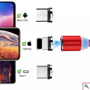 Μαγνητικό Καλώδιο Γρήγορης Φόρτισης 360° USB-A 3 σε 1 Lightning - USB-C - MicroUSB με Καλώδιο που δεν Μπλέκεται 1m & LED Ένδειξη Φόρτισης