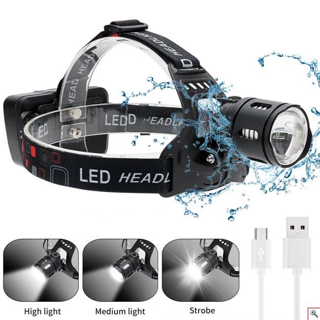 Επαναφορτιζόμενος Φακός Κεφαλής Zoom Υπερ - Φωτεινός 1000 Lumens Υψηλής Ισχύος CREE LED