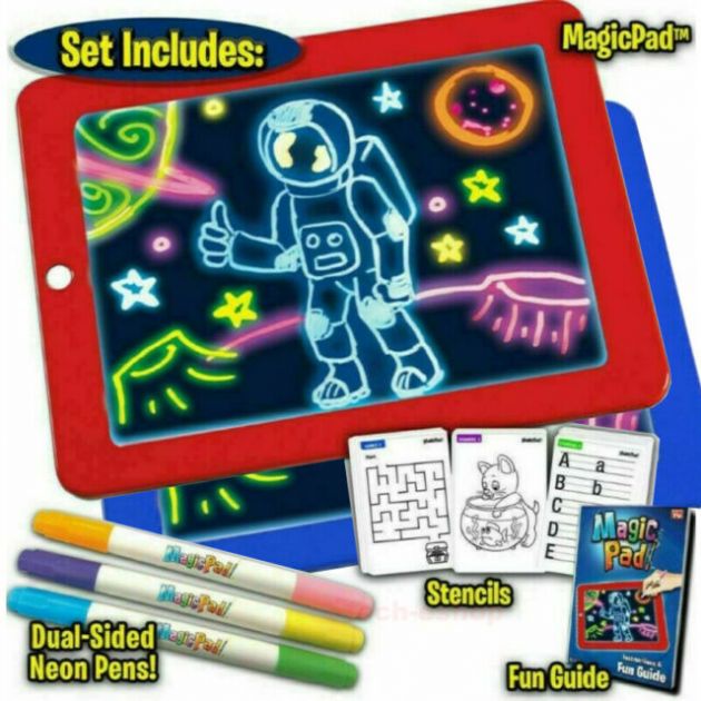 Φορητό Τάμπλετ Ζωγραφικής - Magic Sketchpad με Φωσφορίζοντα Χρώματα, 30 Στένσιλ & 3 Διπλούς Μαρκαδόρους - Κόκκινο