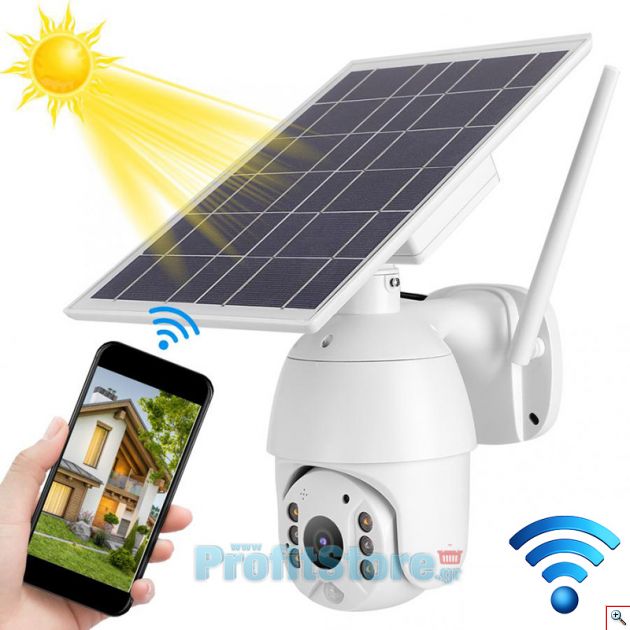 Ηλιακή Αδιάβροχη Ασύρματη IP WiFi Κάμερα Full HD 1080p P2P Εξωτερικού Χώρου με Νυχτερινή Όραση, Ανιχνευτή Κίνησης, Ειδοποίηση στο Κινητό, Μικρόφωνο, Ηχείο