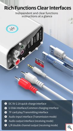 Andowl® Πομπός Ήχου Δέκτης 2RCA Aux Wireless Audio Adapter με Τηλεχειριστήριο & Υποστήριξη Κάρτας TF & USB Flashdrive Φορτιστής Τοίχου Κ16