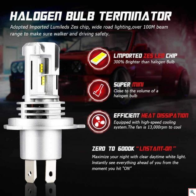 Compact PNP LED Λάμπες Αυτοκινήτου H4 50W (2x25W) 10000Lm (2x5000lm) 6500K - Λαμπτήρες Πορείας Car LED Headlights