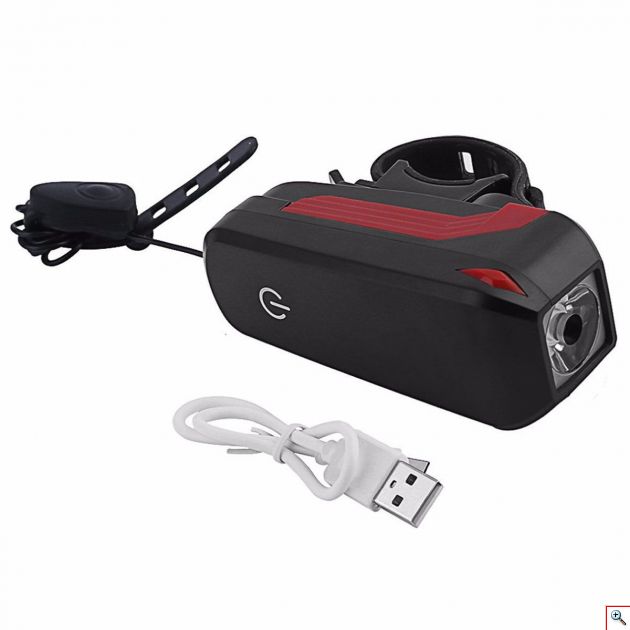 Το σετ περιέχει ισχυρή επαναφοτιζόμενη κόρνα 140dB, με 5 διαφορετικούς ήχους που ενσωματώνει και ειδικό φακό - εμπρόσθιο λαμπτήρα πορείας LED υψηλής πραγματικής φωτεινότητας 350 Lumens για το τιμόνι του ποδηλάτου και πολύχρωμο φωτάκι οπισθοπορείας 7 λειτουργιών για να σας βλέπουν και από πίσω.