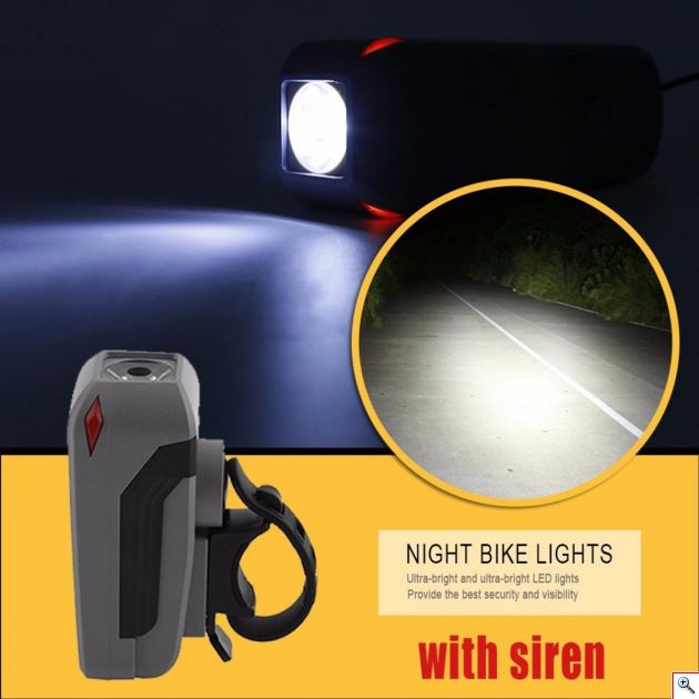Το σετ περιέχει ισχυρή επαναφοτιζόμενη κόρνα 140dB, με 5 διαφορετικούς ήχους που ενσωματώνει και ειδικό φακό - εμπρόσθιο λαμπτήρα πορείας LED υψηλής πραγματικής φωτεινότητας 350 Lumens για το τιμόνι του ποδηλάτου και πολύχρωμο φωτάκι οπισθοπορείας 7 λειτουργιών για να σας βλέπουν και από πίσω.