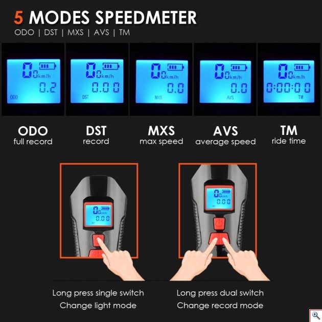 Αδιάβροχη Κόρνα Σειρήνα 150dB - Φώτα Πορείας LED με LCD Οθόνη & Χρονόμετρο, Μετρητής Ταχύτητας & Απόστασης Ποδηλάτου με Πολλές Λειτουργίες