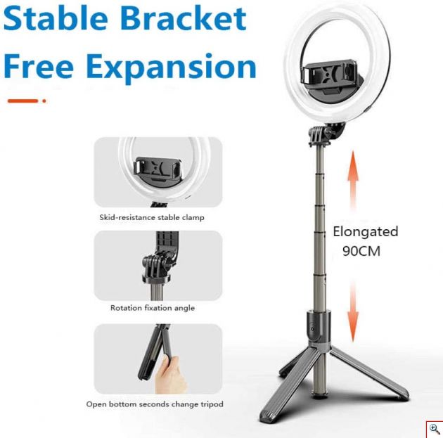 Φορητό Selfie Stick & Τρίποδο Ring Light με Bluetooth Χειριστήριο - Επαναφορτιζόμενο USB Φωτιστικό Φωτογραφικό Δαχτυλίδι με 3 Χρώματα Φωτισμού, Dimmer, Stand & Βάση για Κινητό - Photo Lamp