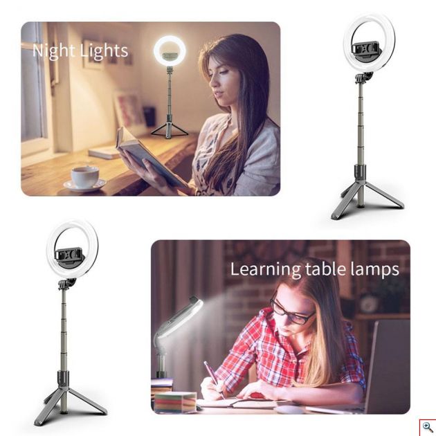 Φορητό Selfie Stick & Τρίποδο Ring Light με Bluetooth Χειριστήριο - Επαναφορτιζόμενο USB Φωτιστικό Φωτογραφικό Δαχτυλίδι με 3 Χρώματα Φωτισμού, Dimmer, Stand & Βάση για Κινητό - Photo Lamp