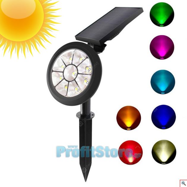 RGB Πολύχρωμο Ηλιακό Αδιάβροχο Φωτιστικό Εξωτερικού Χώρου Προβολέας Κήπου Spot με 9 LED - Καρφωτό & Επιτοίχιο - Colorful Waterproof Solar Spotlight Lamp