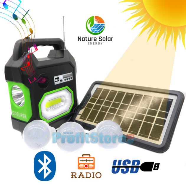Ηλιακό Σύστημα Ήχου, Φωτισμού & Φόρτισης με Ισχυρό Φακό 1000LM & Φωτιστικό, Ηχοσύστημα Mp3/USB/SD/FM Player, Panel 3W, Μπαταρία & 3 Λάμπες LED
