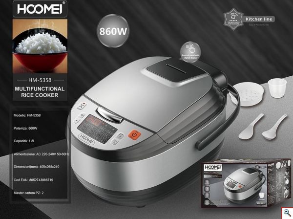 Hoomei® Πολυλειτουργικός Βραστήρας Ρυζιού 860W με Αποσπώμενο Αντικολλητικό Δοχείο 1.8lt - Rice Cooker HM-5358