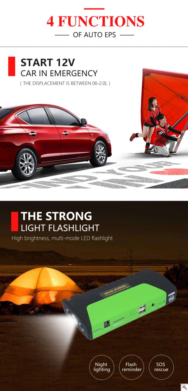 SOS Εργαλείο Εκκινητής Μπαταρίας Αυτοκινήτου & Power Bank 2 x 5V USB ,12,16,19V με Φακό LED, Κόφτη Ζώνης, Ακίδα Θραύσης Τζαμιού - Jump Starter - Φορτίζει από Κινητό μέχρι και Αυτοκίνητο