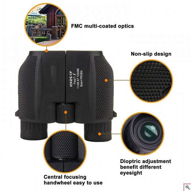 Compact Αδιάβροχα Κιάλια Near Focus BAK4 Wide Angle 10x25 Υψηλής Φωτεινότητας με Ρύθμιση Μυωπίας