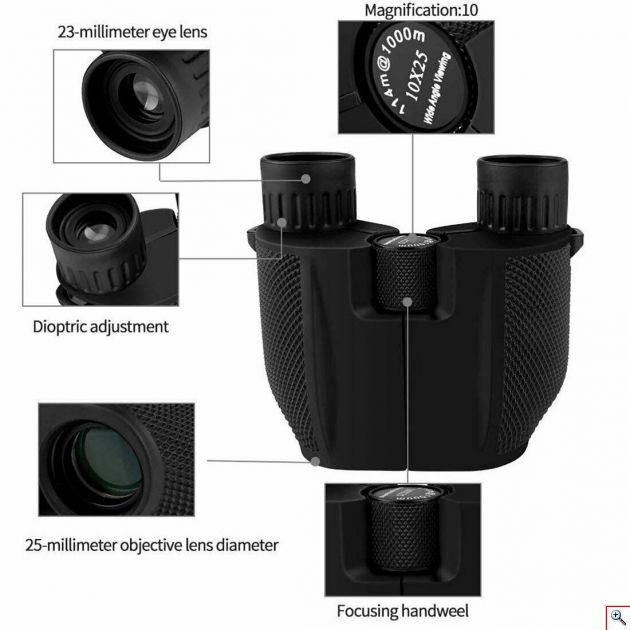 Compact Αδιάβροχα Κιάλια Near Focus BAK4 Wide Angle 10x25 Υψηλής Φωτεινότητας με Ρύθμιση Μυωπίας