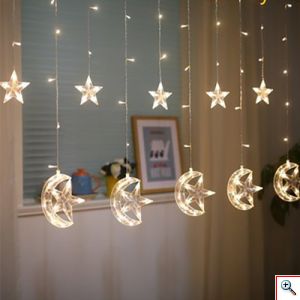 LED Χριστουγεννιάτικα Φωτάκια Ασύμμετρη Κουρτίνα Γιρλάντα 3μ με Φεγγάρια & Αστέρια 100 LED Θερμο Κίτρινο Christmas Lights Stars On Moons