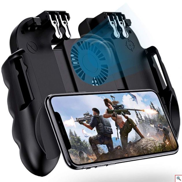Χειριστήριο Παιχνιδιών PUBG 6 Δάχτυλων R1 R2 L1 L2 Κινητού με Ανεμιστήρα, Μπλε LED Φωτισμό, Βάση Στήριξης & USB Μπαταρία - Fortniteγια Κινητά Ios & Android