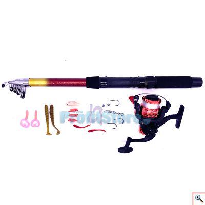Σετ 19 τμχ Ψαρέματος με Τηλεσκοπικό Καλάμι 2,05μ, Μηχανάκι, Αγκίστρια, Βαρυδάκια, Ψεύτικα Ψαράκια και Φελλό - Fishing Set For Beginners