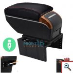 Premium Κονσόλα Χειρόφρενου & Πολύ Φορτιστής USB με Εσωτερικό Φωτισμό, Ποτηροθήκη, Τασάκι Universal Στήριγμα αγκώνα για ανάμεσα στα καθίσματα - Τεμπέλης Αυτοκινήτου Μαύρο με Σχέδιο Ξύλου