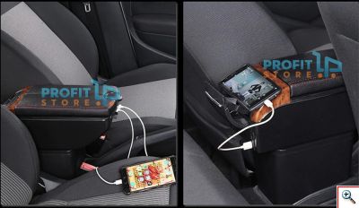 Premium Κονσόλα Χειρόφρενου & Πολύ Φορτιστής USB με Εσωτερικό Φωτισμό, Ποτηροθήκη, Τασάκι Universal Στήριγμα αγκώνα για ανάμεσα στα καθίσματα - Τεμπέλης Αυτοκινήτου Μαύρο με Σχέδιο Ξύλου