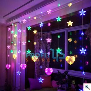 Μεγάλη LED Χριστουγεννιάτικη Ασύμμετρη Κουρτίνα Γιρλάντα 3μ με Αστέρια & Καρδούλες RGB & 8 Προγράμματα Christmas Curtain Lights