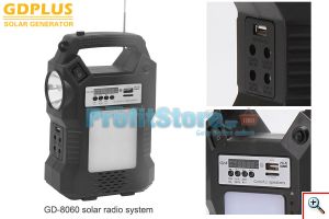 Ηλιακό Σύστημα Φωτισμού & Φόρτισης με USB/SD Mp3 Player, FM Radio, Ηλιακό Panel, Μπαταρία, Ισχυρότατο Φακό και Φωτιστικό & 3 Λάμπες LED 150LM - GDLITE PLUS GD8060
